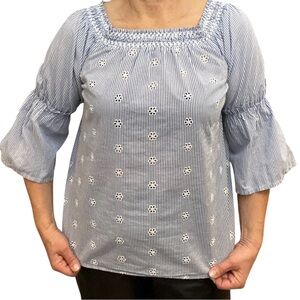 Laura Blue and White Eyelet Peasant Blouse size M summer resort feminine
